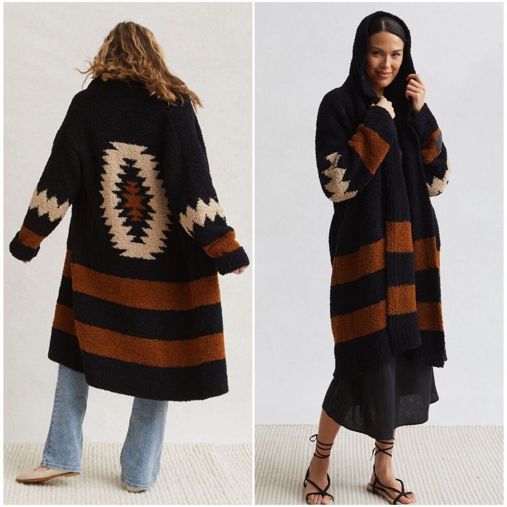 Kashwere $248 Aztec Shawl Collar Coat Chenilla Black Brown One Size NWT